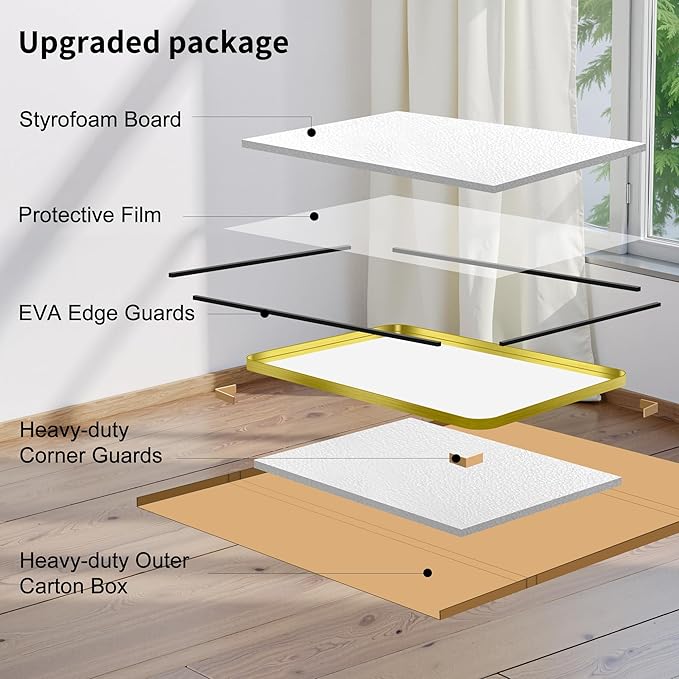 FORBATH 60x36 Inch Large Bathroom Mirror for Double Sinks, Brushed Gold Deep Frame Wall Mirror with Rounded Corners, Anti-Rust Tempered Glass for Modern Farmhouse Vanity (Horizontal/Vertical)
