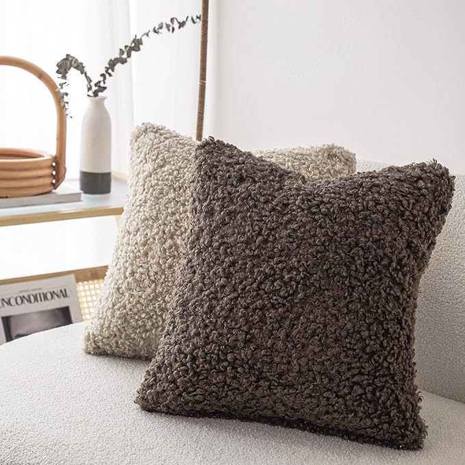 Foindtower 2 Pieces 20x20 Inch Chocolate, Faux Fur Throw Pillow Cover Accent Sherpa Pillow Fuzzy Soft Pillowcases Sheepskin Decorative Fleece Cushion Case for Bed Couch Living Room