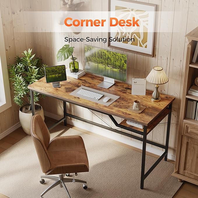 Computer Desk 48 X 24 inch, Gaming Desk for Small Spaces, Modern Simple Style Table for Home Office, Study Student Writing Table (Shelf, Rustic Brown, 48 inch)
