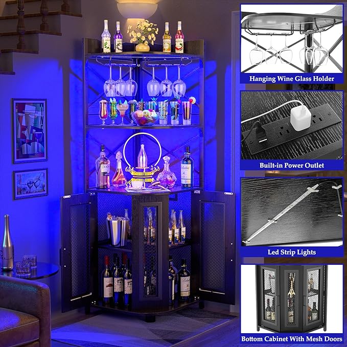 Aheaplus Corner Bar Cabinet with Power Outlet, Industrial Wine Cabinet with LED Strip and Glass Holder, 5-Tiers Liquor Cabinets Bar Unit for Home, Corner Display Cabinets for Small Space, Black