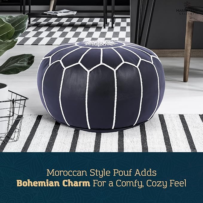Marrakesh Gallery Genuine Leather Round Pouf Unstuffed - Moroccan Ottoman Footstool, Footrest Cover - Boho Decor - Bohemian Living Room, Bedroom, Kids Room, Gift & Wedding