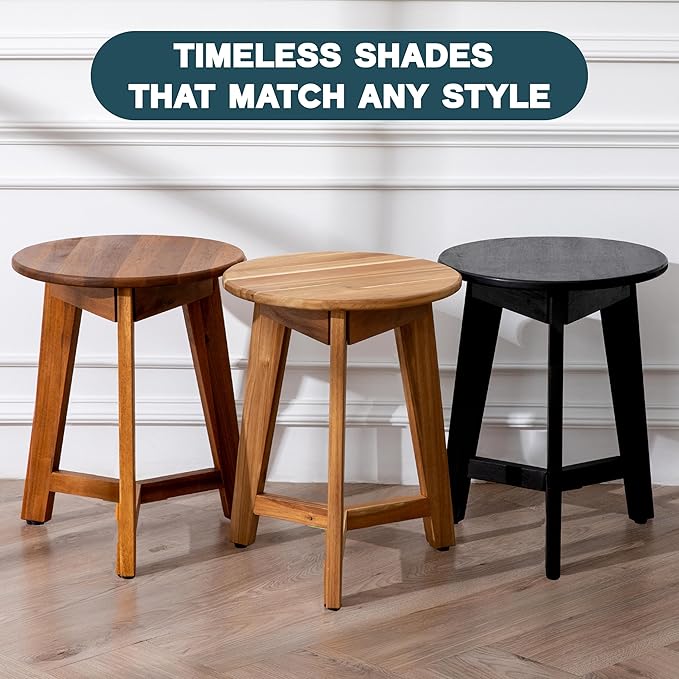 Round Side Table – Acacia Wood End Table for Living Room or Bedroom – Light Natural Wood Finish, Compact Nightstand or Accent Table for Sofas & Beds (13x16 x13 Inches)