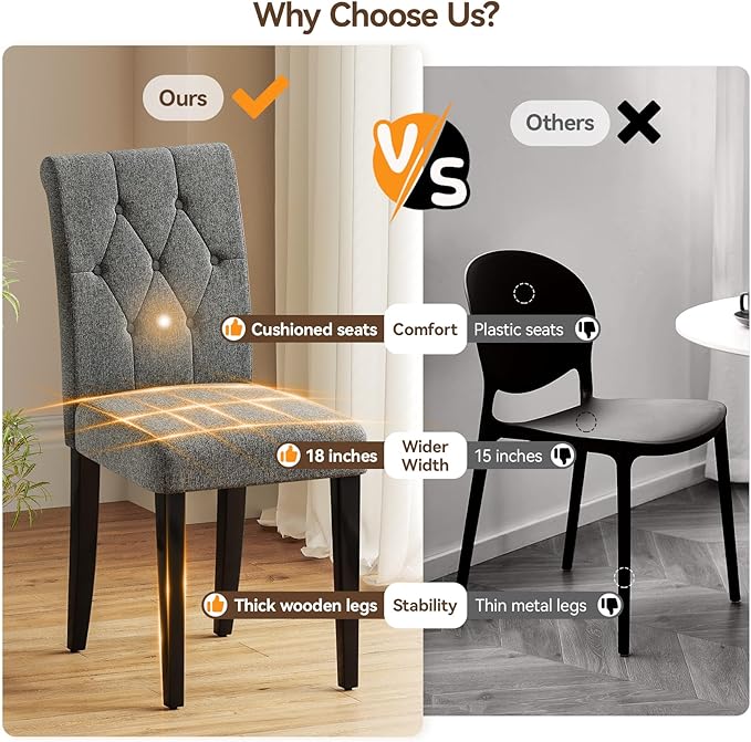 Upholstered Dining Chairs Set of 2, Button Tufted Parsons Dining Chair with Solid Wood Legs, Modern Fabric Side Chair for Dining Room/Kitchen/Restaurant/Hotel- Grey