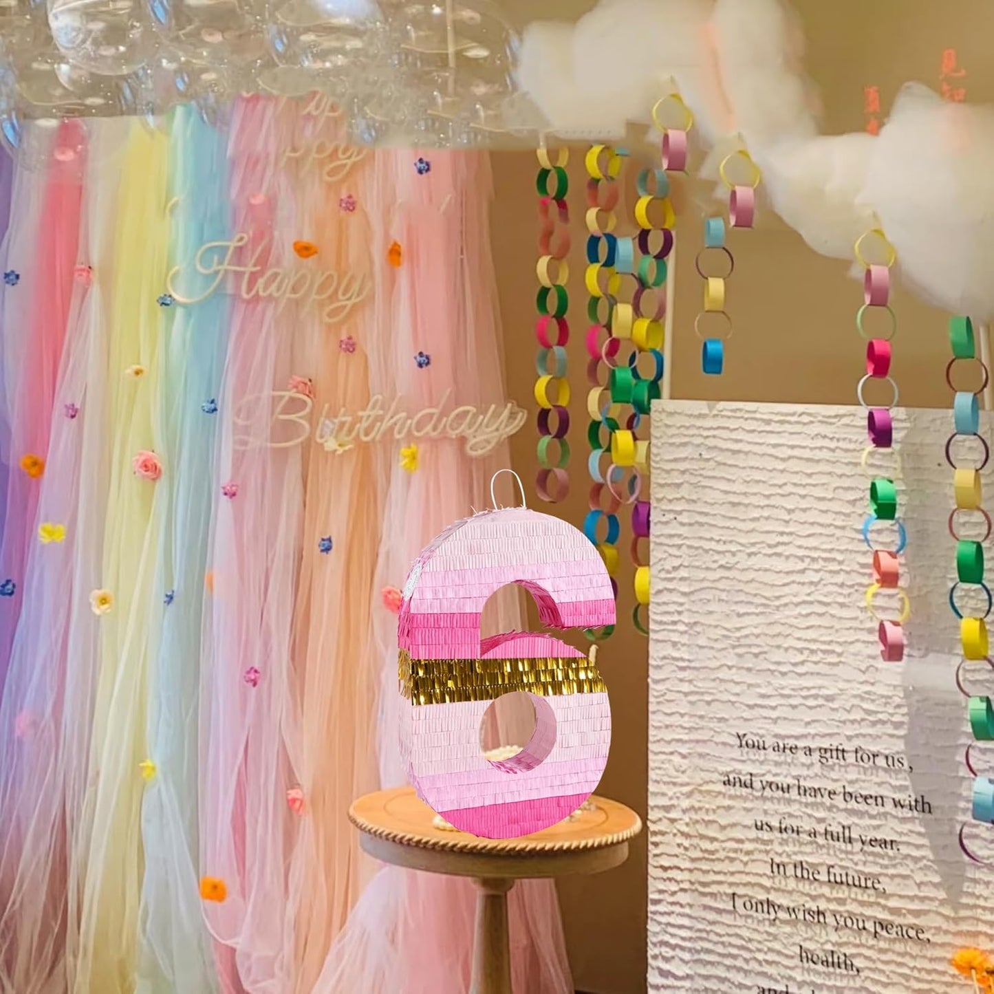 PCFING 20 Inch Number 6 Piñata Pink Gold with 30 Inch Piñata Stick Blindfold Confetti for Boys Girls Adults Birthday Party Decorations, Anniversary Celebration, Fiesta