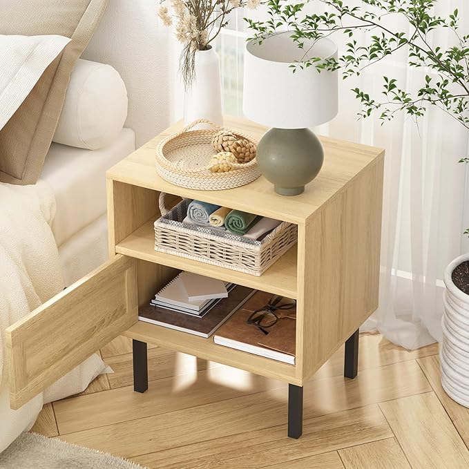 Rattan Nightstands Set of 2, Boho Night Stand with 1 Door, Accent End Table, Wood Bediside Table with Metal Legs&Open Shelf, Natural Wood