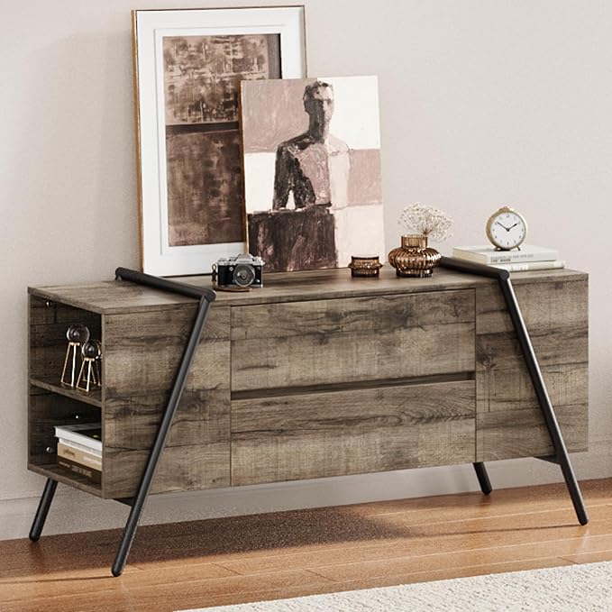 GarveeHome TV Stand for 47 Inch TV, Entertainment Center with Adjustable Shelf, 2 Drawers, TV Console Table, Media Console, U-Shaped Metal Legs, for Living Room, Bedroom, Oak
