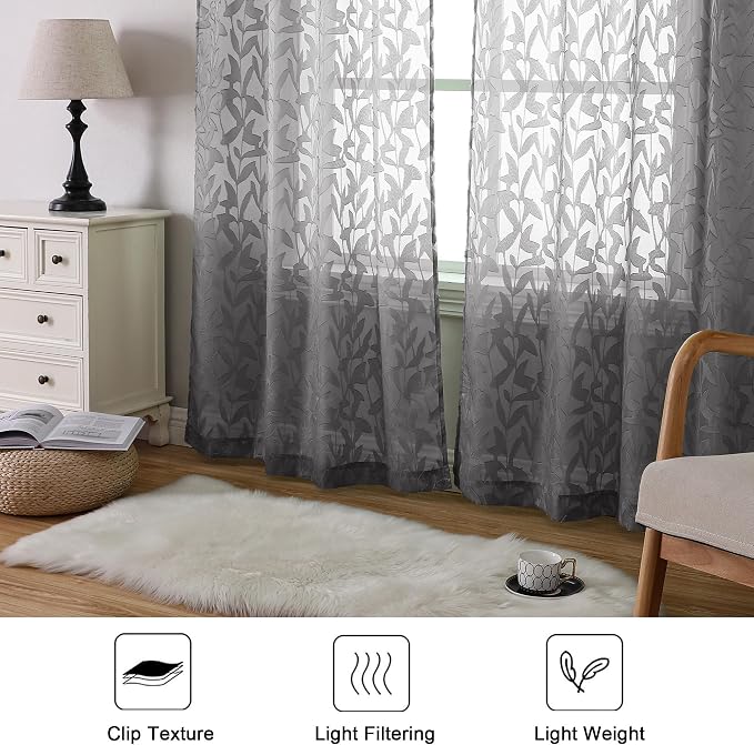 Lecloud Leia Charcoal Grey Sheer Curtains 84 Inches Long 2 Panels, Airy Leaf - Image 7