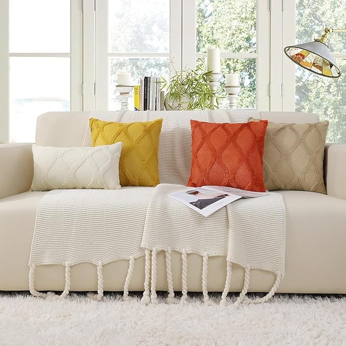 decorUhome Fall Throw Pillow Covers 22x22 Inch Set of 2, Soft Plush Faux Fur Wool Rust Couch Pillow Covers, Decorative Neutral Pillow Cases for Bed Sofa Living Room Home Decor