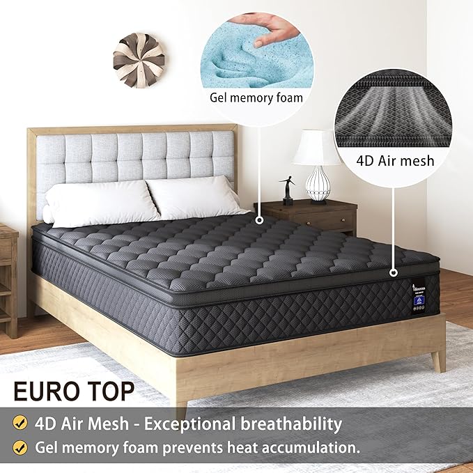 Full Hybrid Mattress, 14 Inch Medium Mattresses Euro Top for Back & Lumbar Support, 100 Night Trial, Individual Pocket Spring Bed for Motion Isolation & Pressure Relief Black