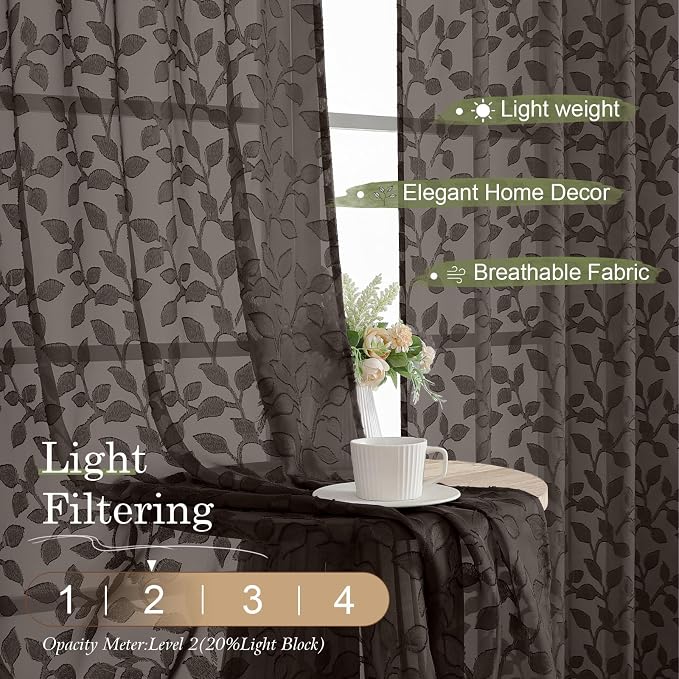 Chyhomenyc Chocolate Sheer Curtains 30 Inch Length, Light Filtering Leaf Tufted - Image 2