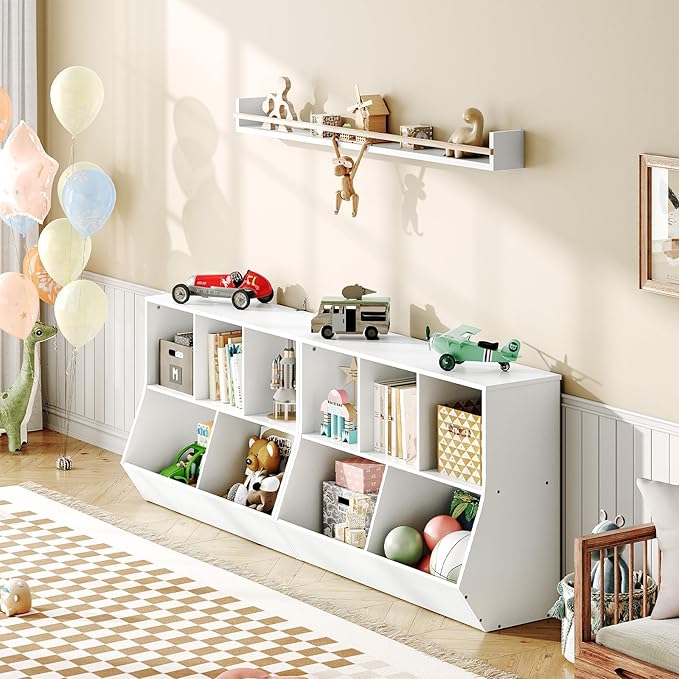 HOOBRO Kids Bookshelf, Bookcase Footboard, Toy Storage Cubby, Children's Toy Shelf, 35.4" L Storage Cabinet, Fit for Children's Room, Playroom, Hallway, Kindergarten, White WT32CW01