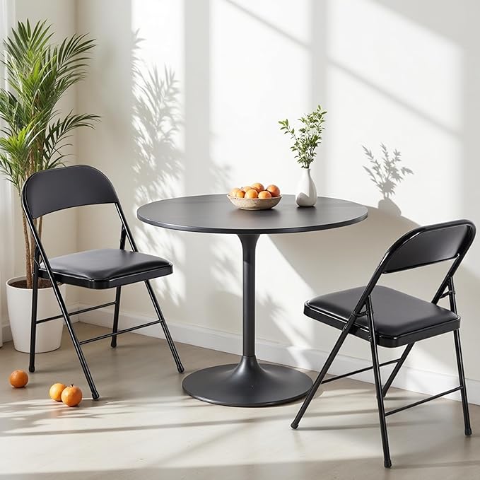 HealSmart 4 Pcs Folding Chairs with Leather Padded Cushion Seats, Back & Sturdy Metal Frame, Stackable, Portable, Commercial Event Seat, Indoor Outdoor for Parties, Home Event, Office, Black