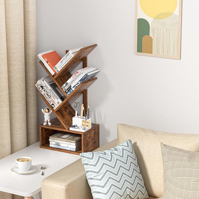 Small Tree Book Shelf,5 Tier Black Tree Bookshelf,Brown Desktop Bookcase,Modern Desk Display Storage Bookshelves,Floor Standing Organizer Bookcases for Living Room,Bedroom,Office-White-Brown