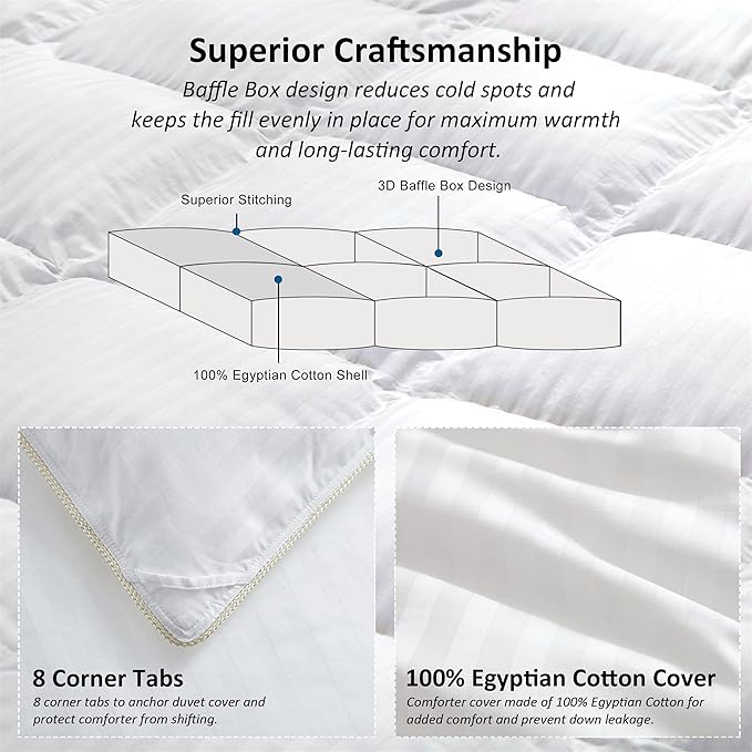 Luxurious All-Season Goose Down Feather Fiber Comforter Duvet Insert, Exquisite California King White Stripe Design, Premium Baffle Box, 100% Cotton Down Proof Fabric, 75 oz. Fill Weight