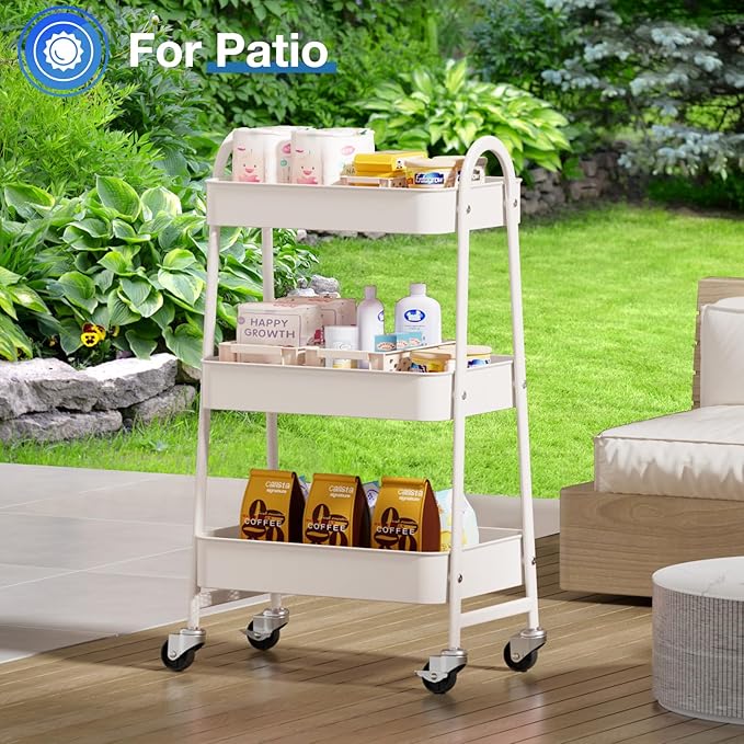 OLIXIS 3 Tier Utility Rolling Cart, Metal Mobile Storage Shelf with Lockable Caster Wheels, Organization for Livingroom, Bathroom, Kitchen, & Narrow Places, White