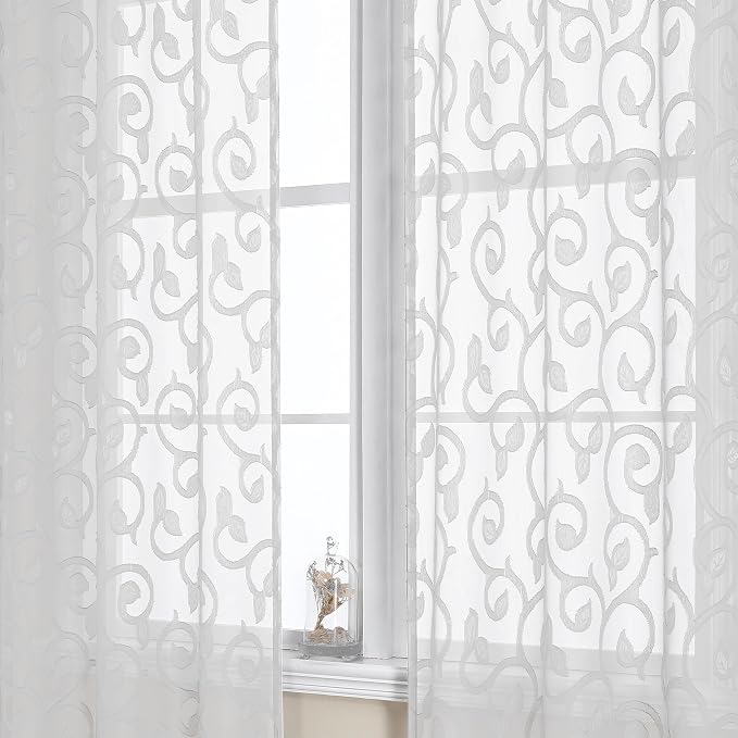 OWENIE Furman White Sheer Curtains 45 Inch Length 2 Panels Set - Image 3