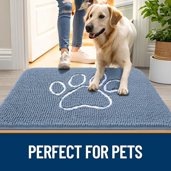 OLANLY Door Mat for Muddy Dog Paws 36x24, Absorbent Chenille Doormat with Paw Print Design, Non-Slip Washable Doormat for Indoor Entryway, Quick-Dry Pet Bed Mats for Dirty Dogs, Airy Blue and White