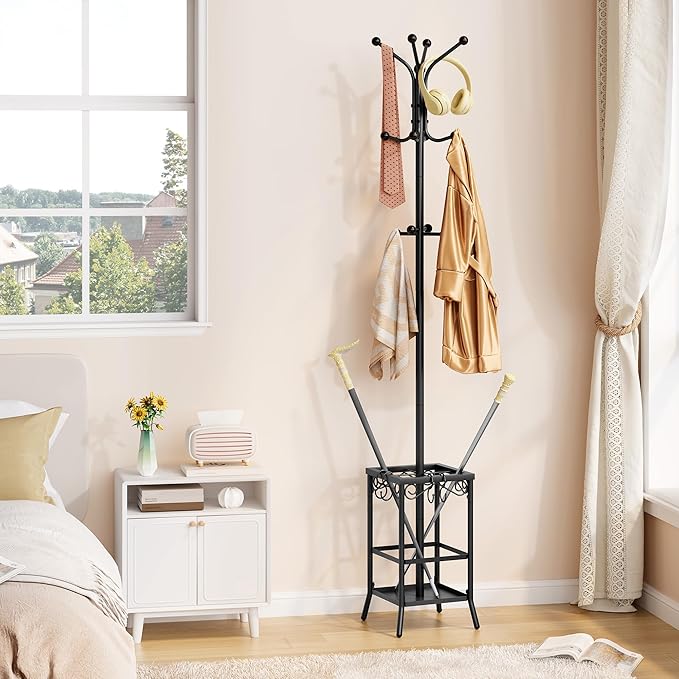 Hoctieon Coat Rack Freestanding, Coat Tree with Umbrella Holder, Metal Coat Rack Stand with 12 Hooks, Standing Coat Hanger Stand, Umbrella Stand for Entryway, Hat Rack Stand for Home Office, Black