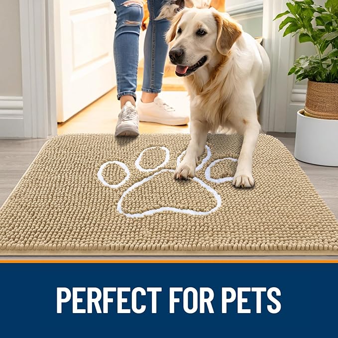 OLANLY Door Mat for Muddy Dog Paws 70x46, Ultra Absorbent Chenille Mud Doormat with Paw Print Design, Non-Slip Washable Doormat for Indoor Entryway, Quick-Dry Pet Bed Mats for Dirty Dogs, Beige