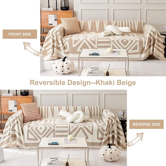 STACYPIK Boho Couch Cover Khaki Triangle Sofa Cover for Dog Cat Anti-Scratch Loveseat Cover Reversible Non Slip Couch Protector for 2 Cushion Couch Chenille Jacquard Couch Cover for Sectional-71X118IN