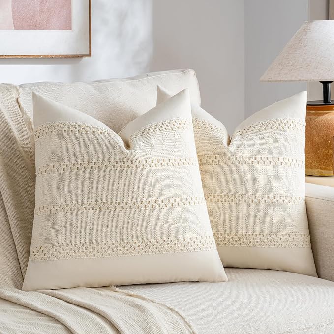 Fancy Homi Set of 1 Boho Cream Decorative Throw Pillow Cover 16x16 Inch - Image 2