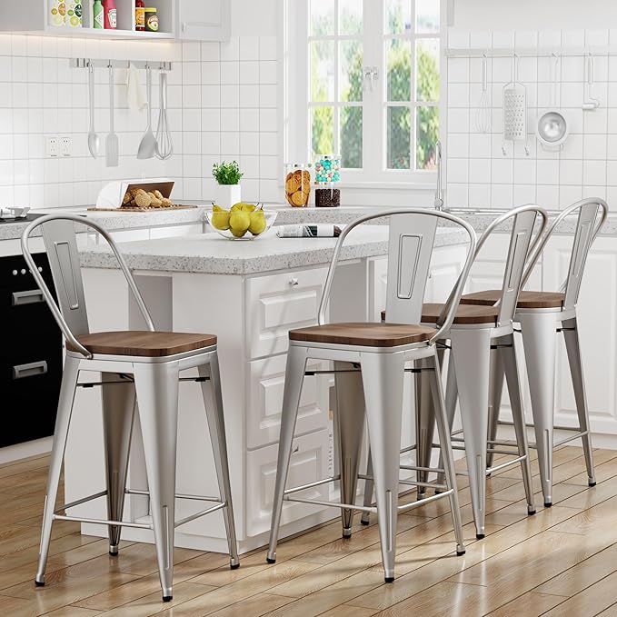 Yongqiang 26 inch Bar Stools Set of 4 Kitchen Counter Height Bar Chairs High Back Silver Metal Barstools with Large Wooden Seat