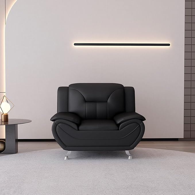 Container Furniture Direct Michael Modern Faux Leather Upholstered Stainless Steel Legs Living Room, Chair, Loveseat, Sofa, Soft Beige/Black