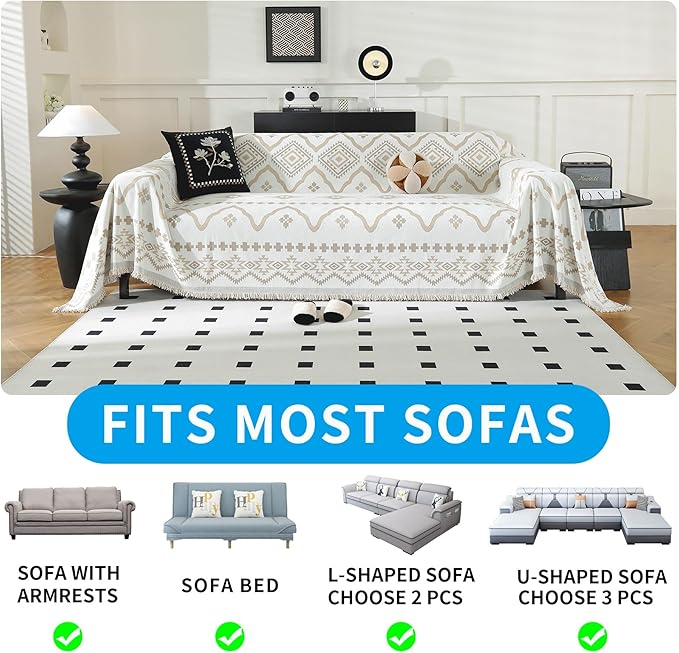 LUFEIJIASHI Boho Couch Covers for Sofa Non Slip Sofa Covers Washable Couch Covers for 3 Cushion Couch Sofa Pet Friendly Sectional Couch Cover Blanket Furniture Protector for Dogs (Khaki, 71"x150")