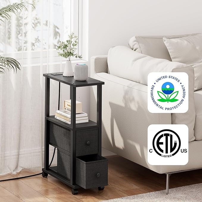 TUTOTAK Small Narrow End Tables, LED Side Tables with 2 Fabric Drawers, Set of 2, Bedside Tables with Charging Station for Small Spaces, Slim Nightstands with USB Ports and Wheels, TB01BK053L