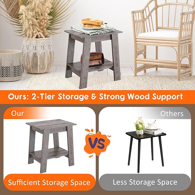 End Table, Set of 2, Side Table with 2-Tier Storage Shelf, Sofa Table for Small Space, Square Nightstand for Entryway, Farmhouse, Living Room, Easy Assembly, Grey