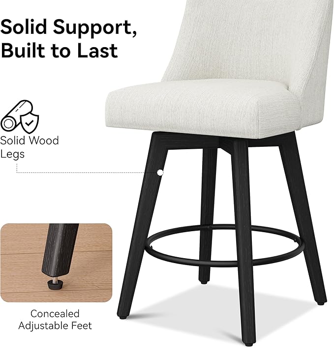 Counter Height Bar Stools Set of 4, Modern Swivel Barstools with Back and Wood Legs, Linen Fabric Upholstered Bar Chairs, 26" H Kitchen Counter Stools, Kitchen Island Home Bar, Ivory