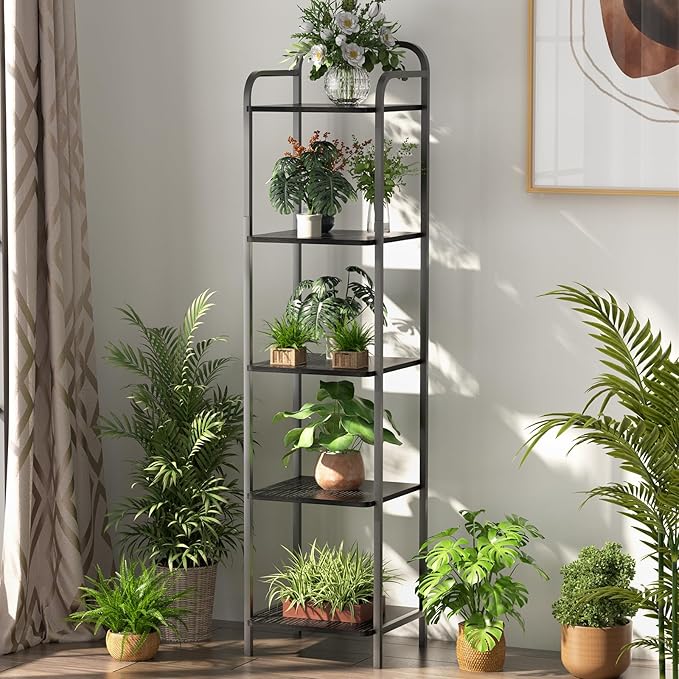 Book Shelf, 5 Tier Bookshelf, Bookcase with 5 Shelves, Storage Rack Organizer, Corner Wood Storage Shelf with Metal Frame for Bedroom, Living Room, Black