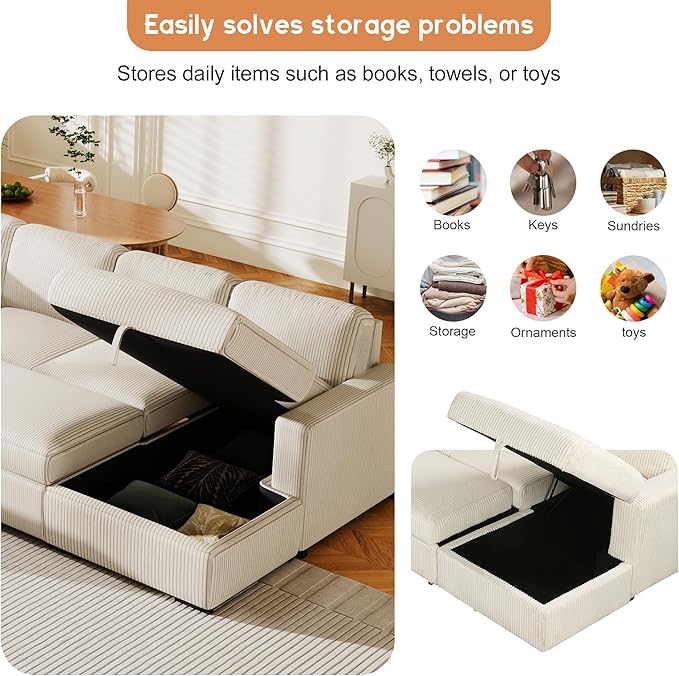 115.6 Inch U-Shaped Modular Sectional Sofa with Pull Out Bed, Storage Chaise and USB interfaces, Oversized Upholstered Combination Corner Couch for Living Room, Office, Spacious Space, Beige