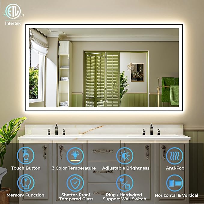 72x36 Inch LED Bathroom Mirror with Lights (Front Lit and Backlit) Black Framed Lighted Vanity Mirror for Bathroom Wall Dimmable Anti-Fog Memory Tempered Glass Horizontal/Vertical