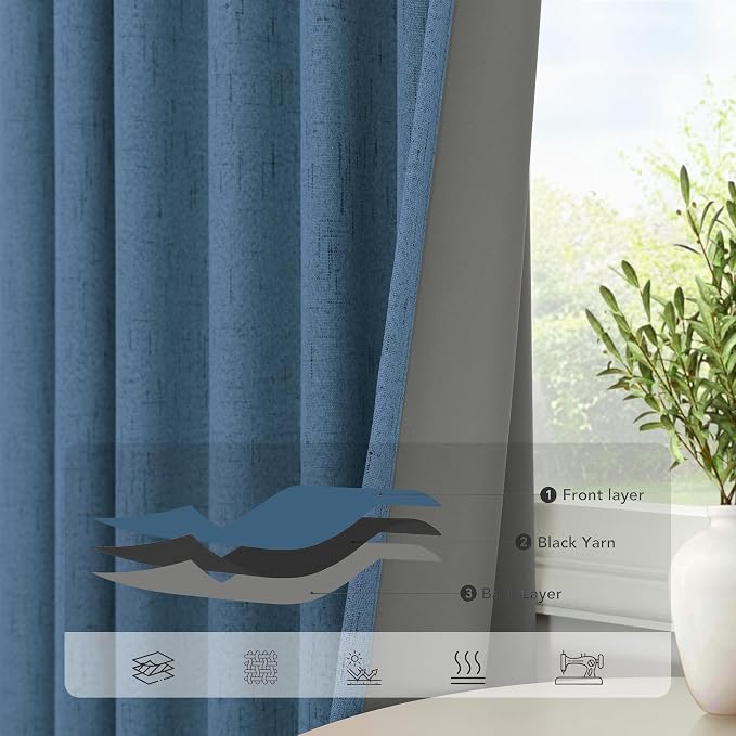 Denim Blue Blackout Drapes 96 Inches Long 2 Panel Burg Cute Linen Textured - Image 5
