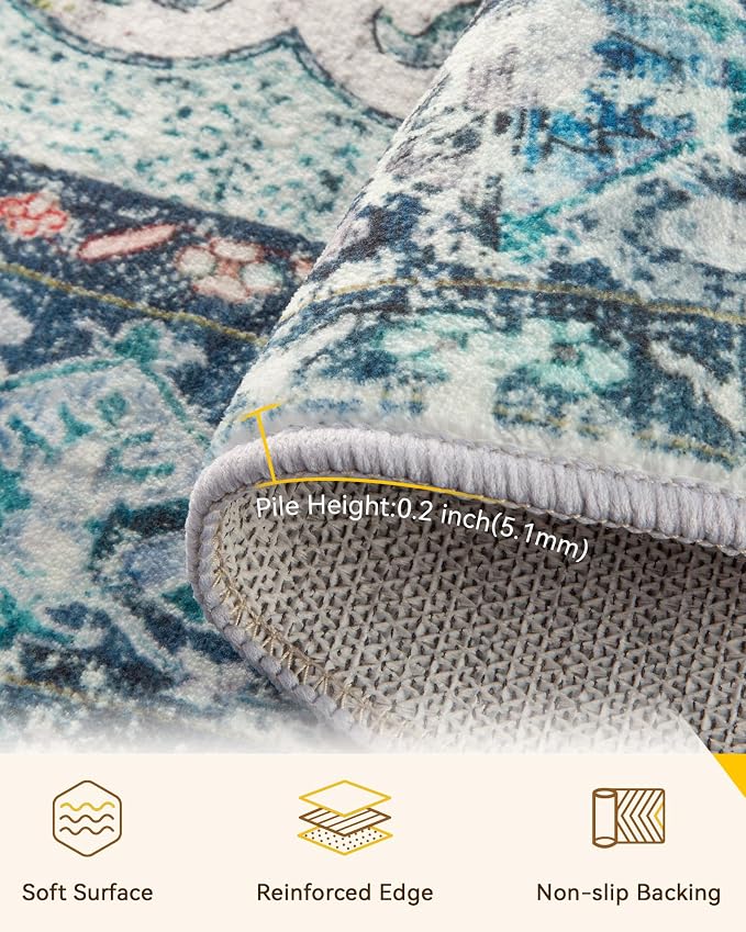 Area Rugs 8ft Washable Non-Slip, Floral Vintage Distress Print Pattern - Image 4