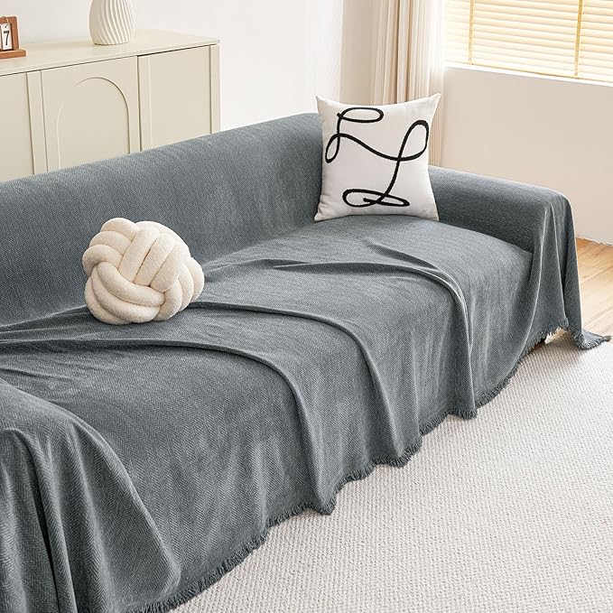 hyha Couch Cover for Dogs, Boho Sofa Covers for 3 Cushion Couch Washable, Chenille Sofa Slipcover for Pets, Soft Loveseat Sectional Couch Throw Blankets with Tassels (Grey, 71x150 Inch)