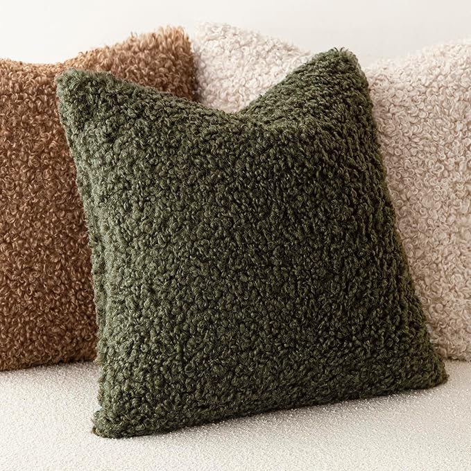 Foindtower 2 Pieces 26x26 Inch Olive Green, Faux Fur Throw Pillow Cover Accent Sherpa Furry Pillow Covers Fuzzy Soft Pillowcases Cozy Sheepskin Decorative Fleece Cushion Case for Bed Couch Living Room