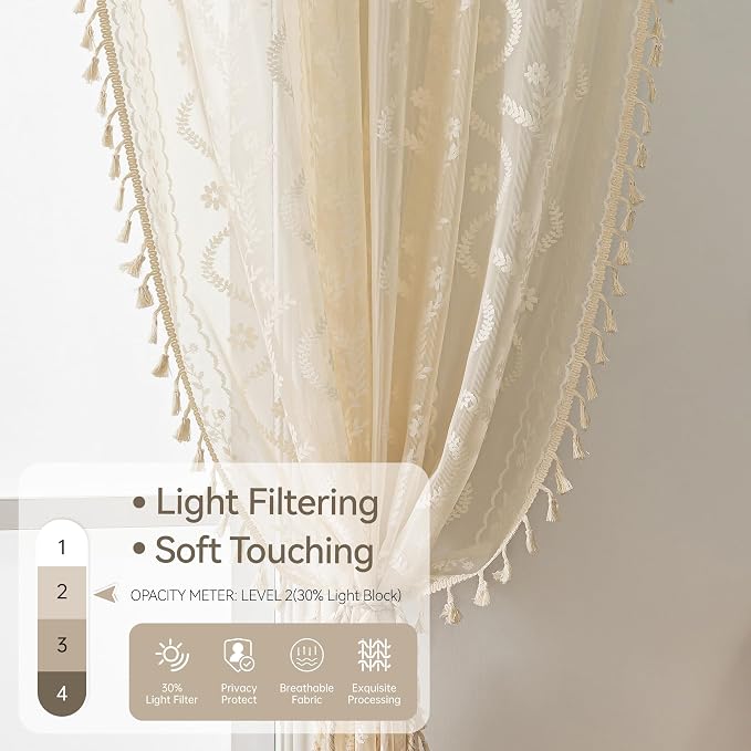 WAZZIO Boho Lace Curtains 2 Panels 72 Inches -Cute Vintage Victorian Sheer - Image 4