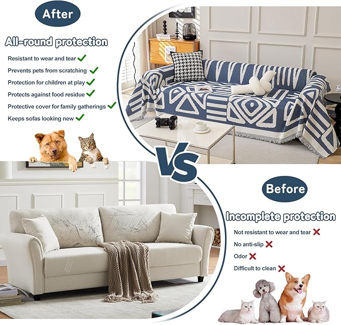 HANDONTIME Boho Couch Covers for Sofa Chenille Sofa Covers Washable Sectional Sofa Cover Blanket Geometric Reversible Couch Cover for L Shaped Couch Couch Protector for Dogs, 71" X118", Denim Blue
