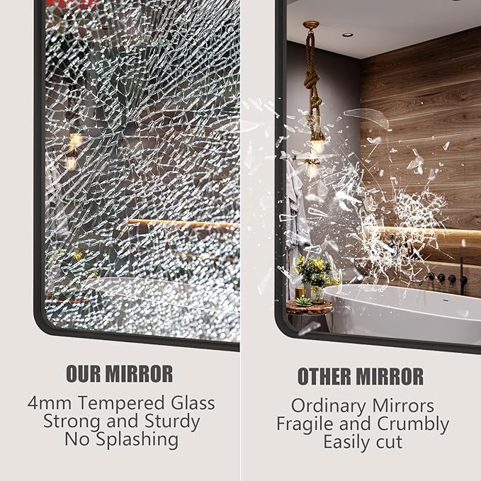 48x40 Inch Black Metal Framed Bathroom Mirror for Wall, Large Rounded Rectangle Mirror, Matte Black Bathroom Vanity Mirror, Anti-Rust, Shatterproof, Hangs Horizontally or Vertically