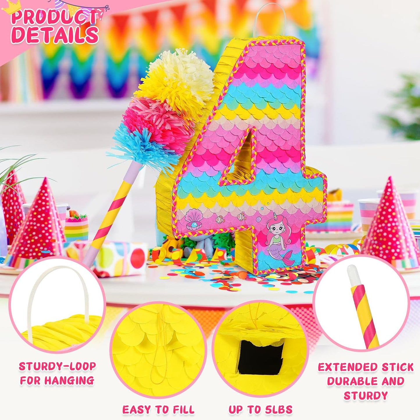 Number 4 Pinata for Birthday Party Decorations, Unicorn Mermaid Theme Pink Piñata Games Toy (4th)