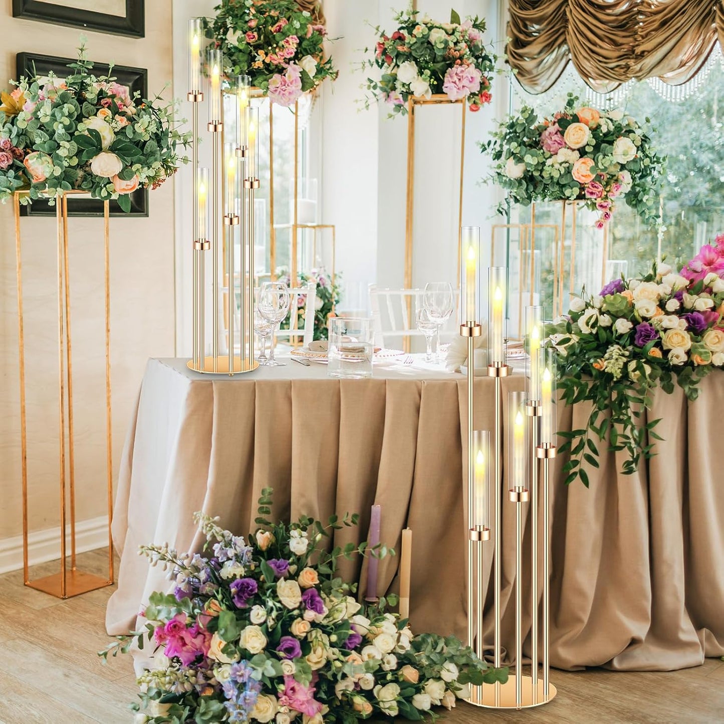 Tandefio 4 Sets Acrylic Candelabra Centerpieces 46.5'' Tall Clear Candle Holders Pillar Taper Candlestick with Lampshades 6 Arm Floor Candelabra Stand for Wedding Christmas Ceremony Dinner Party