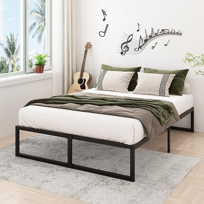 16 Inch King Size Bed Frame Sturdy Mattress Foundation, Heavy Duty Metal Platform with Steel Slats Support No Box Spring Needed, Noise Free, Easy Assembly, Black