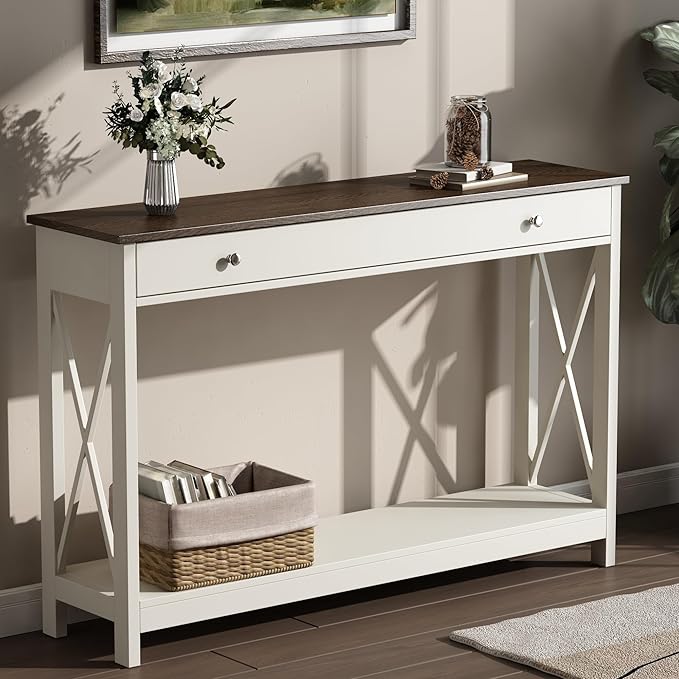 Treocho 47" Farmhouse Console Table with Drawer and Storage Shelves, Foyer Sofa Table Narrow for Entryway, Living Room, Hallway, Soft White