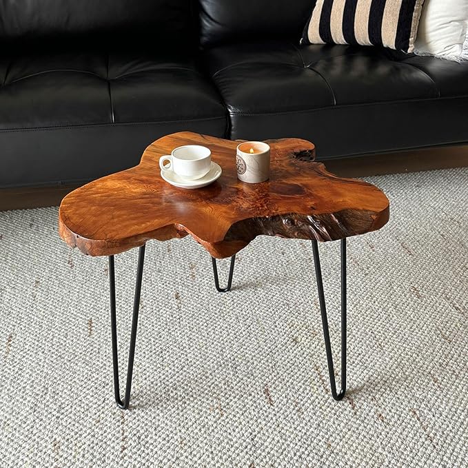Live Edge Coffee Table, Natural Wood Coffee Table for Living Room, Natural Fir Unique Desktop with Metal Hairpin Legs (Large)