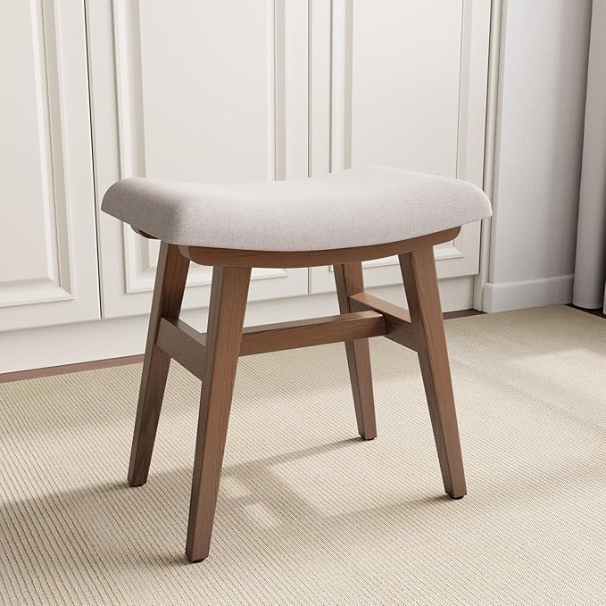Solid Wood Small Vanity Stool, Compact Makeup Chair with Saddle Cushion, Linen-Covered High Rebound Sponge Seat, Easy Assembly Footstool for Bedroom, Entryway, Home, Walnut