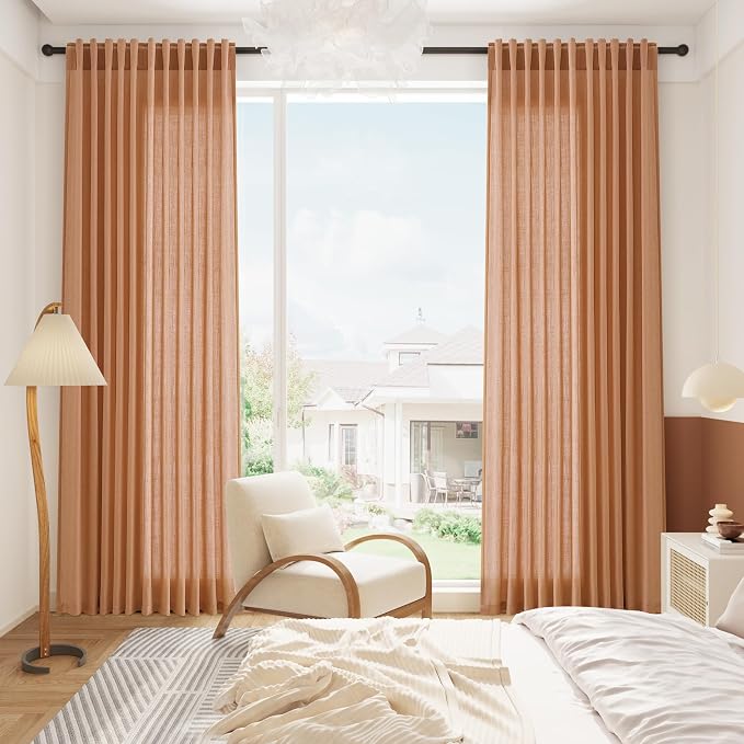 Peach Quartz Linen Curtains 102 Inch Length 2 Panels Back Tab Rod Pocket Semi - Image 8