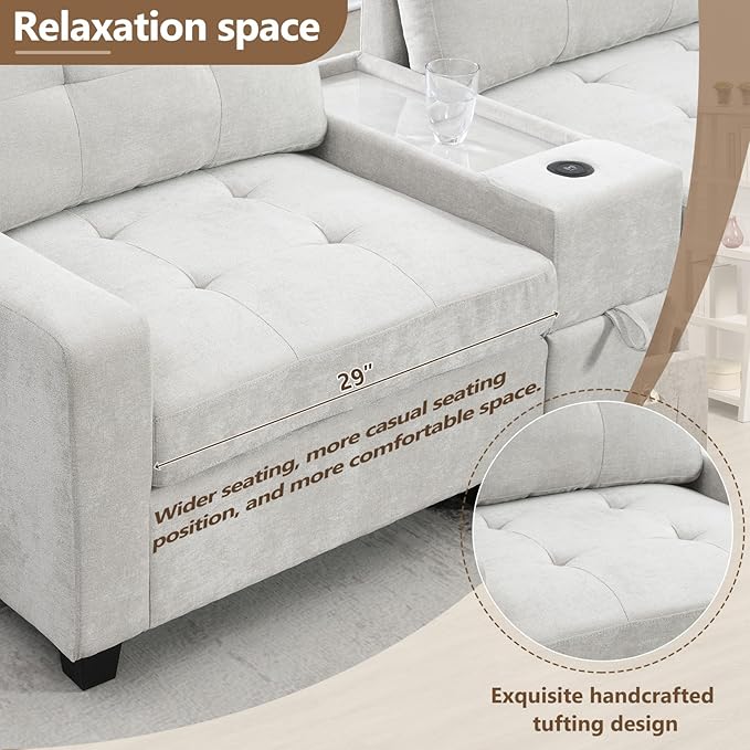 Merax 104 * 104" Chenille Sectional Couches with 2 Acrylic Consoles, Upholstered Modular Tufted Sofa Chaise with Ottoman, Storage Drawers, Pockets, USB Charger & Cup Holders for Living Room Apartment