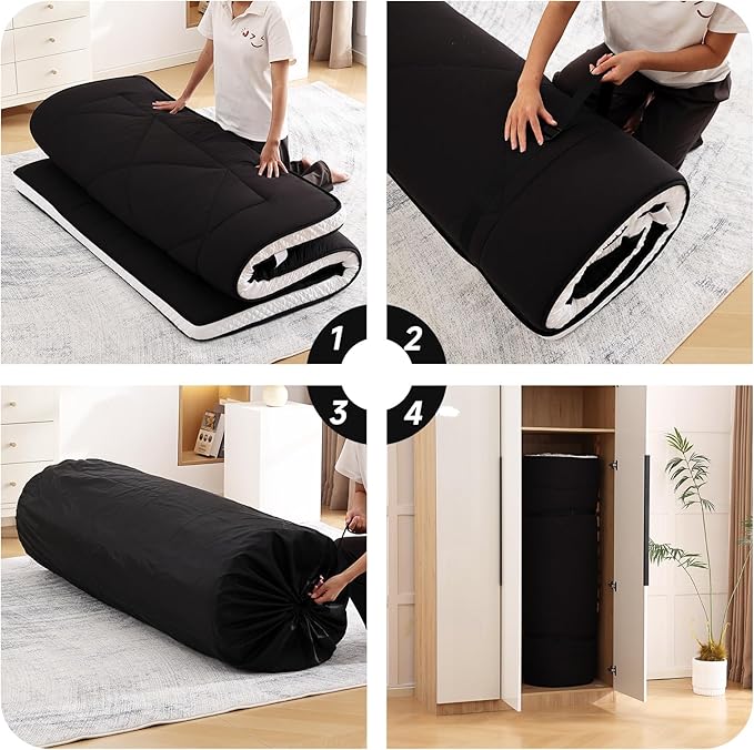 Welnow Japanese Futon Floor Mattress, Thick Queen Size Tatami Mat Portable & Foldable Roll Up Floor Bed Mattress with Storage Bag, Sleeping Pad for Adults, Dorm, Guest Bed, Camping and Travel, Black